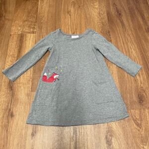 Hanna Andersson Girls Gray Long Sleeve Cotton Dress Fox Pocket Size 4 Toddler